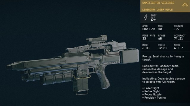 Starfield Unmitigated Violence Legendary Rifle Stats