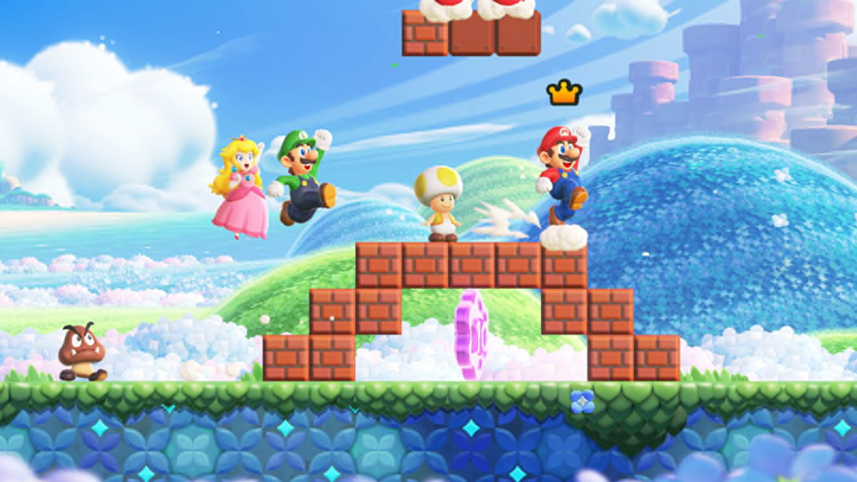 A Super Mario Bros. Wonder screenshot of Mario, Toad, Luigi, and Peach playing simultaneously.