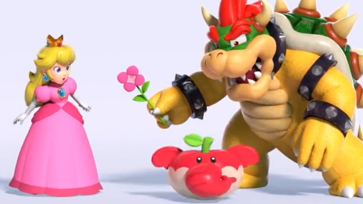 A screenshot of Bowser, Peach, and an Elephant Fruit in a Super Mario Bros. Wonder animated short.
