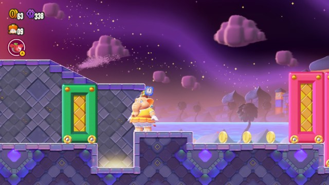 A Super Mario Bros. Wonder screenshot of Elephant Daisy beside the Secrets of Shova Mansion secret exit.