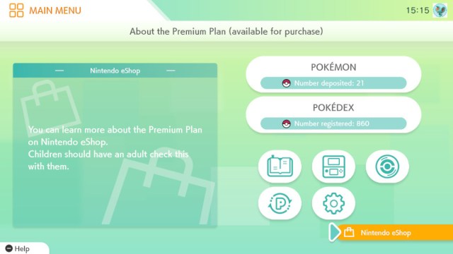 A screenshot of Pokémon HOME's main menu screen. The Nintendo eShop button is selected.