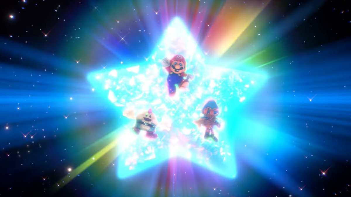 A Super Mario RPG screenshot of Mario, Mallow, and Geno using a triple attack.