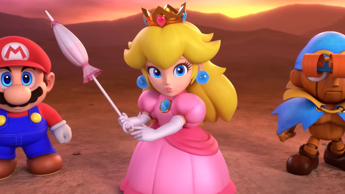 An image of Peach, Geno, and Mario ready to attack in Super Mario RPG.