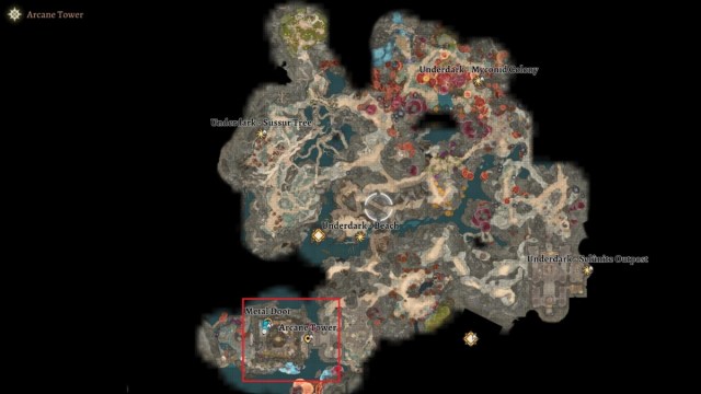 BG3 screenshot of the underdark map with a red square over the arcane tower location