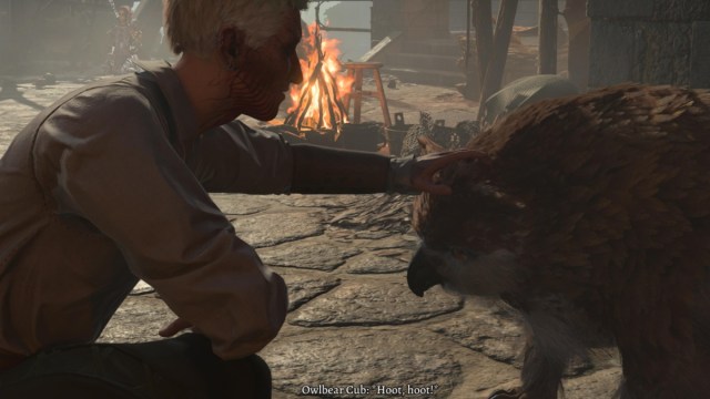 BG3 screenshot of the player character petting the owlbear cub at camp.