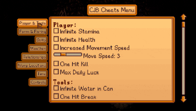 CBJ Cheats Menu in Stardew Valley