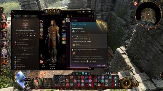 bg33 screenshot of the darkfire shortbow in a ranger's inventory