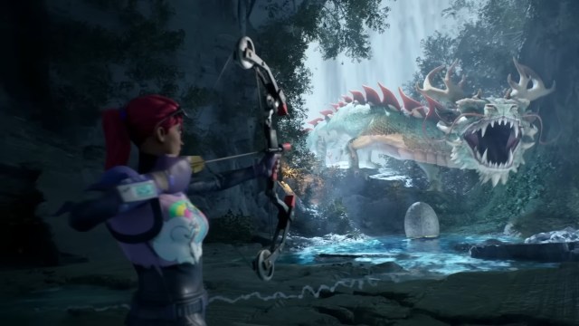 A Fortnite player facing a dragon in the Fortnite Creative 2.0 Forest Guardian map.
