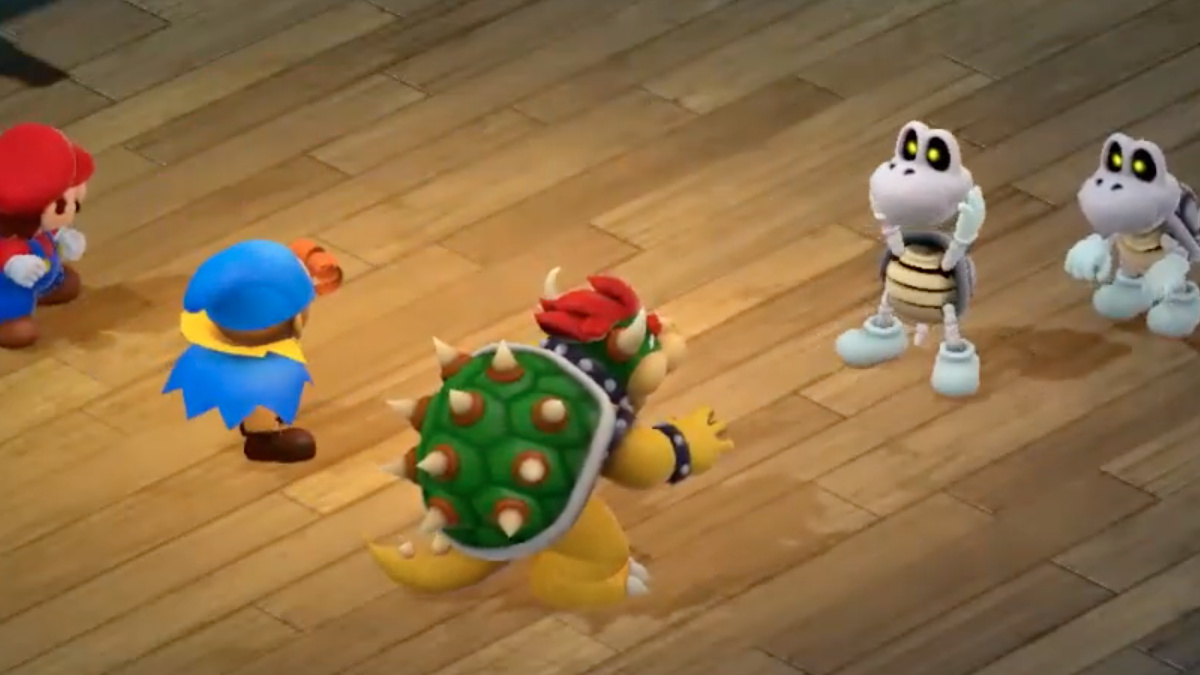 Super Mario RPG screenshot of Dry Bones about to attack Mario, Geno, and Bowser.