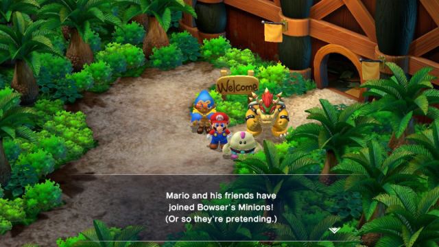A Super Mario RPG screenshot of Mario, Mallow, Geno, and Bowser in Booster's Tower exterior.