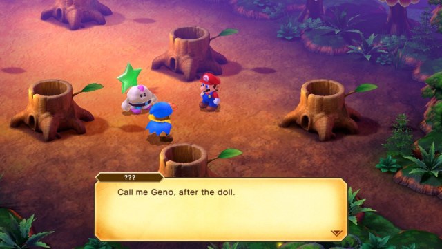 A Super Mario RPG screenshot of Geno joining the party. Geno's dialogue reads, "Call me Geno, after the doll."