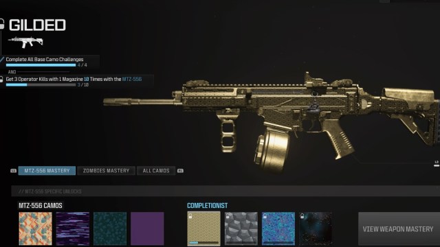 MTz-556 Mastery menu showing the gilded challenge, requiring 3 operator kills with 1 magazine 10 times.