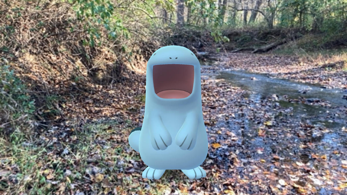A Pokémon GO screenshot of Quagsire near a creek.