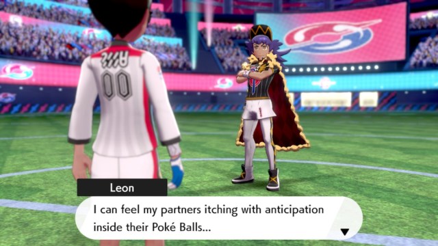 Pokemon Sword and Shield screenshot of Galar Champion Leon at the Champion Cup Finals