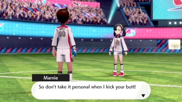 Pokemon Sword and Shield Marnie at the Champion Cup Semi-Finals declaring she's going to kick the player's butt.