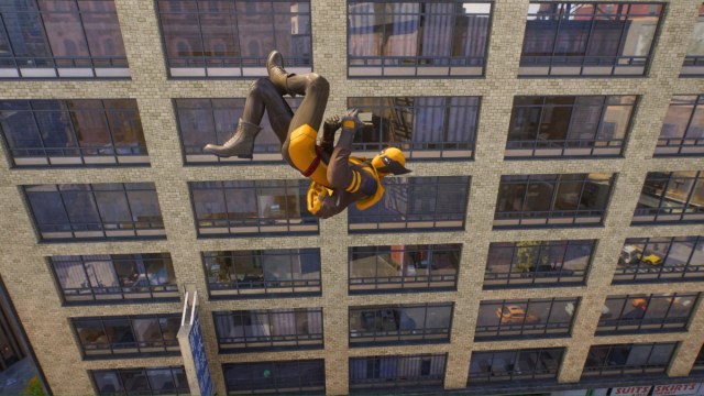 Spider-Man 2 screenshot of Miles performing his cellphone air trick in a wolverine outfit.