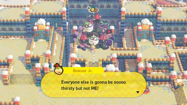A Super Mario Bros. Wonder screenshot of Bowser Jr. in front of a palace. His dialog reads, "Everyone else is gonna be sooooo thirsty but not ME!"