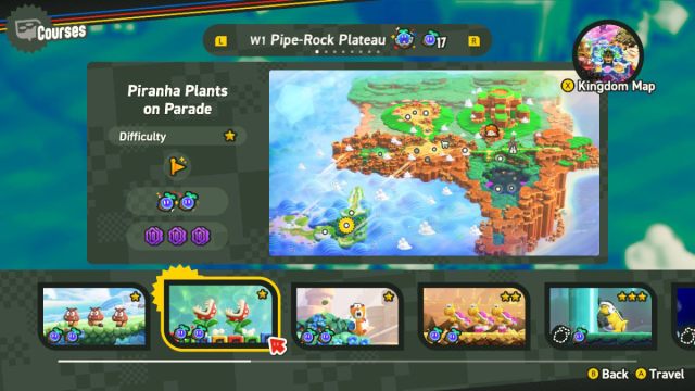 A Super Mario Bros. Wonder screenshot of a stage that isn't 100% complete, so there is no green checkmark in the background.