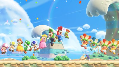 A screenshot of all the characters of Super Mario Bros. Wonder jumping up in a cheer.
