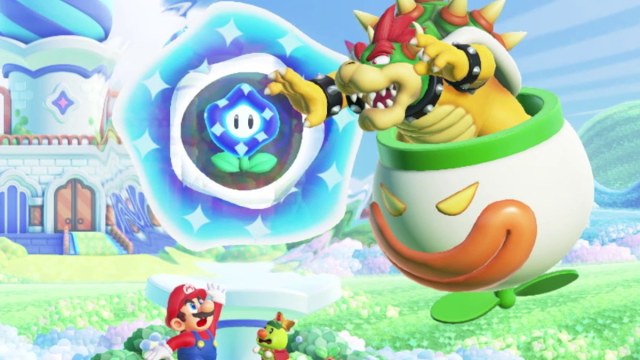 An image of Mario trying to get a Wonder Flower before Bowser.