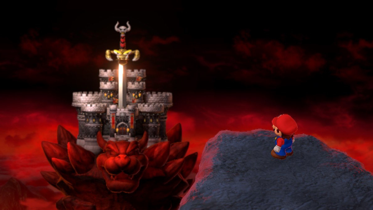 A Super Mario RPG screenshot of Mario looking at Bowser's Keep in the distance.