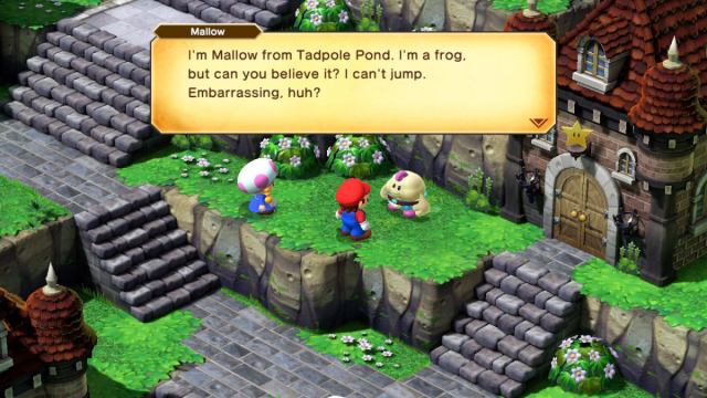 A Super Mario RPG screenshot of Mallow speaking to Mario.