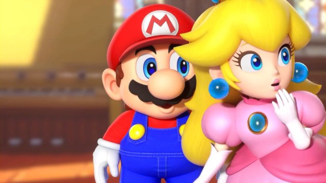 A Super Mario RPG screenshot of Mario and Peach looking off-screen.