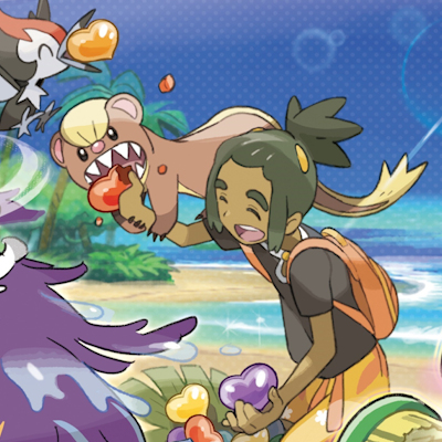 A Pokémon Sun & Moon illustration of Hau feeding beans to Yungoos.