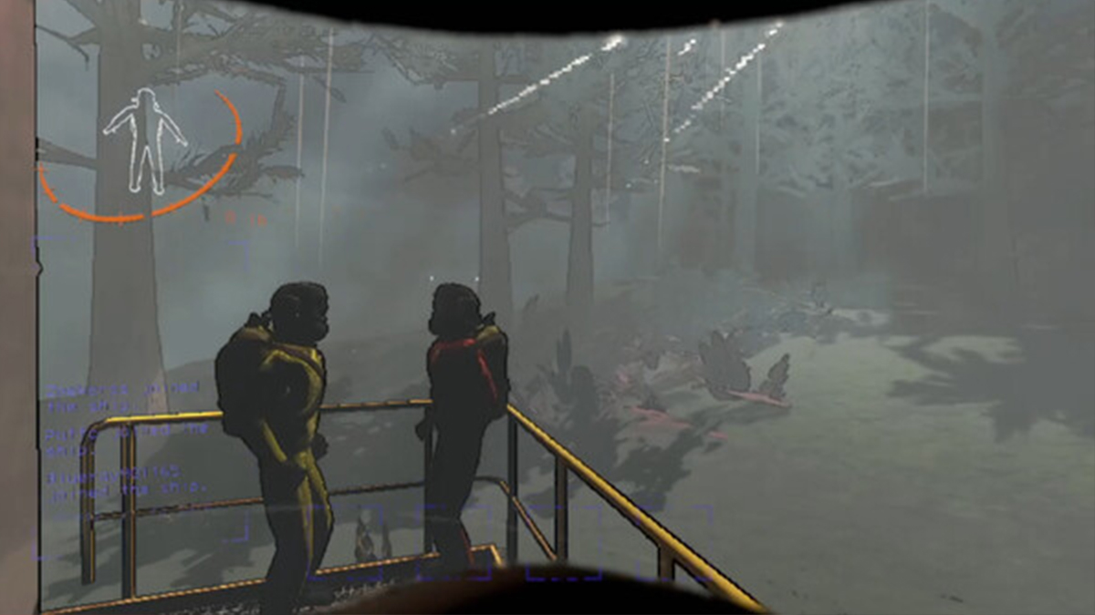 Lethal Company screenshot of two crewmates beside a railing outside the ship