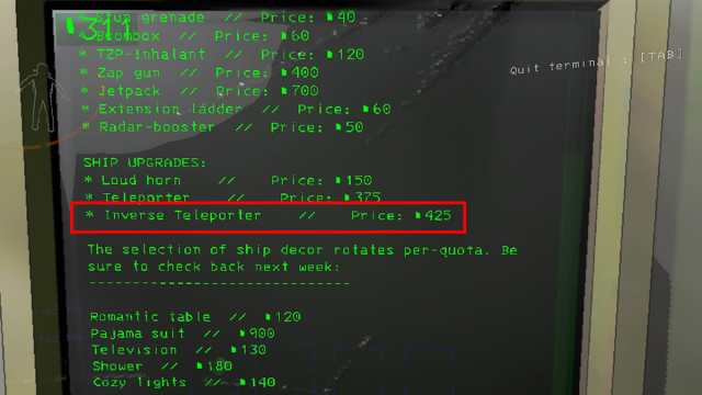 Lethal Company inverse teleporter in the terminal store