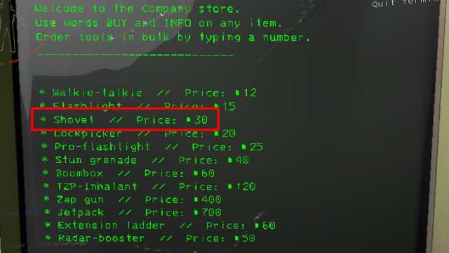 Lethal Company screenshot of the shovel in the terminal store page