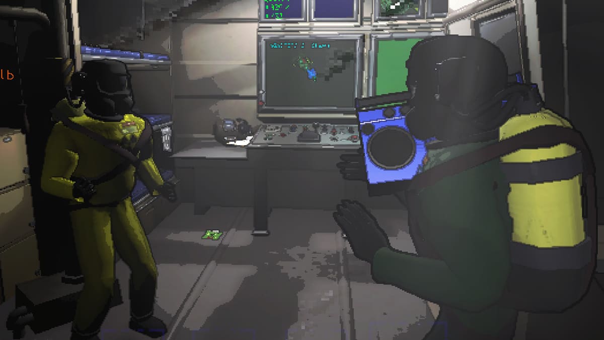 Lethal Company screenshot of two crewmates on the ship, one holding a radio.
