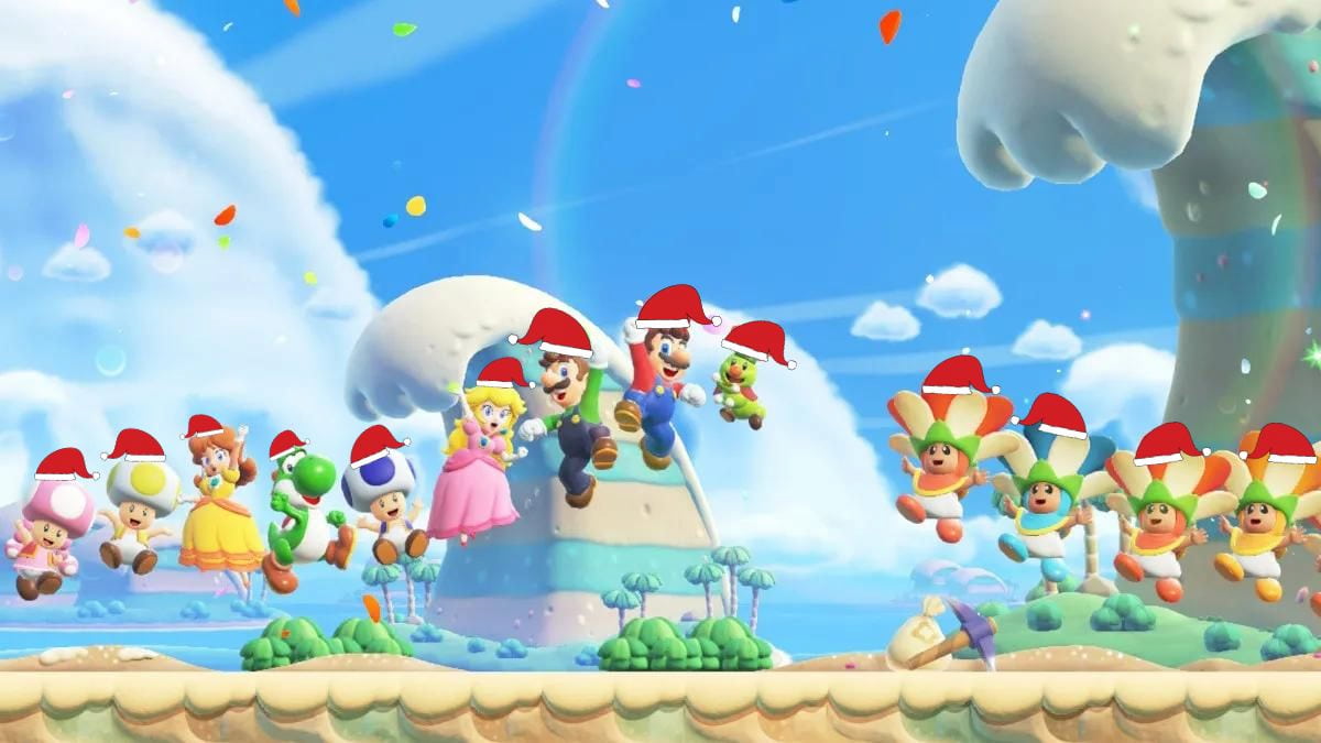 Super Mario Bros characters with Santa hats
