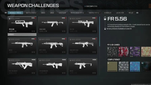 Screenshot of Weapon Challenges in Modern Warfare 3.