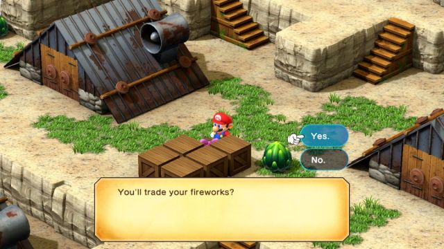 Screenshot of trading fireworks in Super Mario RPG.