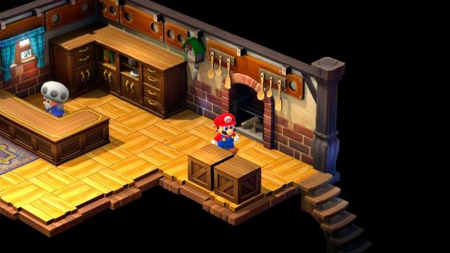 Screenshot of the Item Shop basement location in the Mushroom Kingdom in Super Mario RPG.