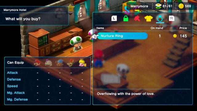 Screenshot of Marrymore Item Shop in Super Mario RPG.