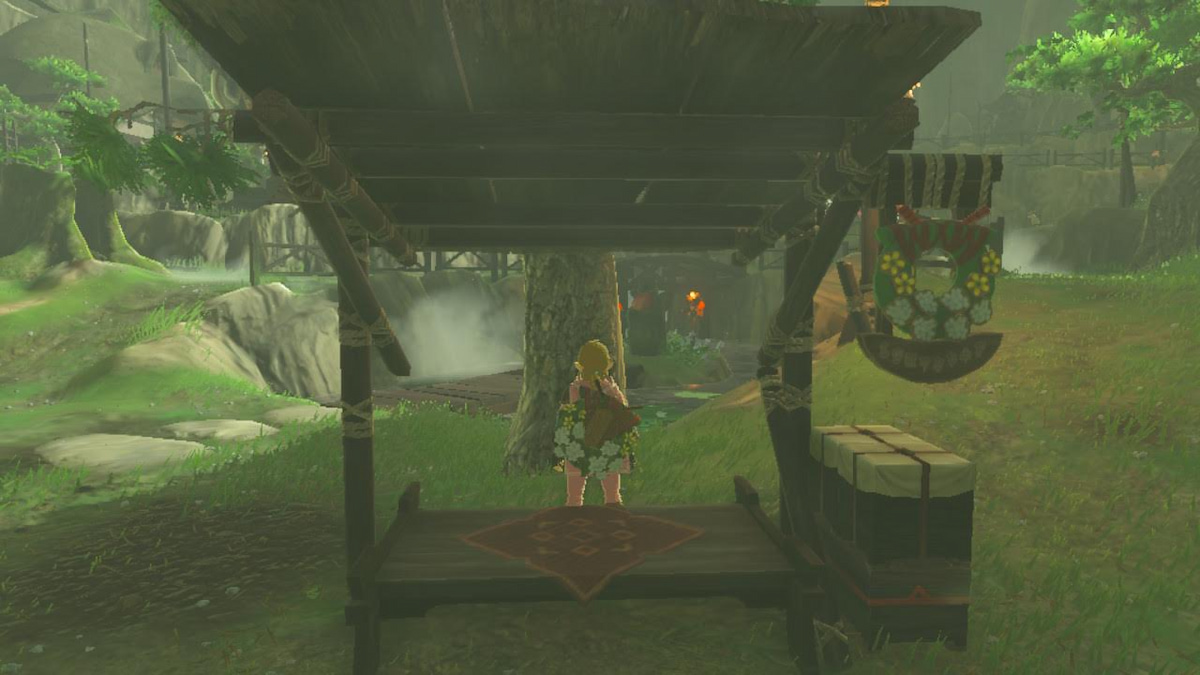 Link with a fused ring garland shield at the stand in Kakariko Village.