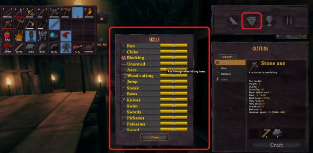 Valheim screenshot of all skills beside the crafting menu