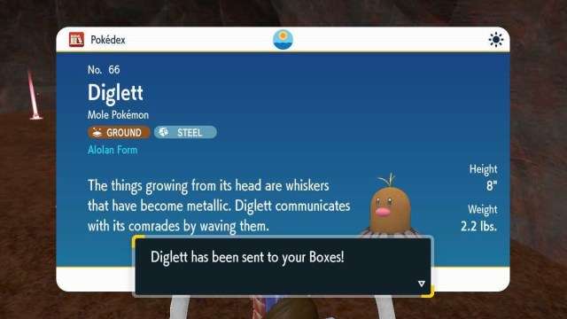 Screenshot of alolan diglett's pokedex data after having been caught in the indigo disk.