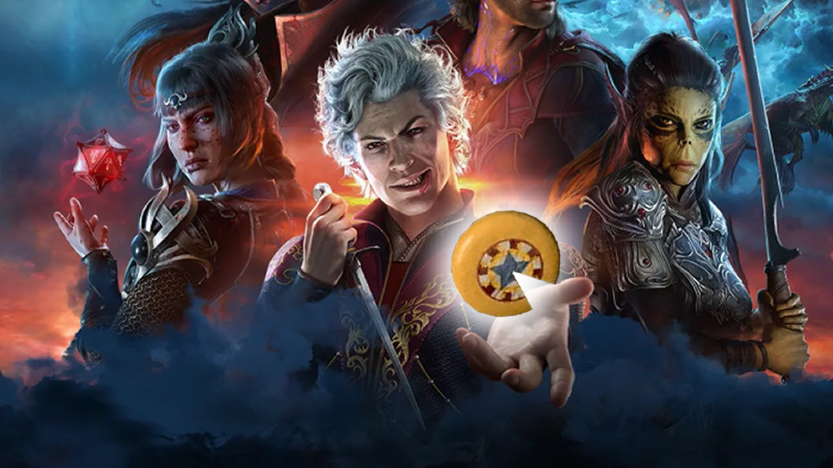 Baldur's Gate 3 key art with a cheese wheel added into Astarion's palm.