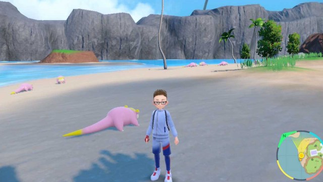 Pokemon indigo disk screenshot of a player character standing in front of a group of galarian slowpoke on the beach in the coastal biome.