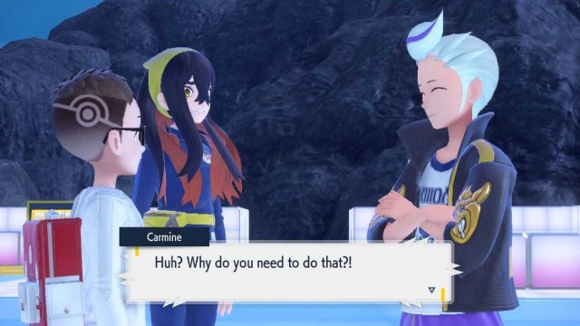 Drayton talking to the player character and Carmine in Pokemon Scarlet and Violet's Indigo Disk DLC