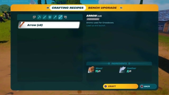 Crafting screen for Arrows in LEGO Fortnite