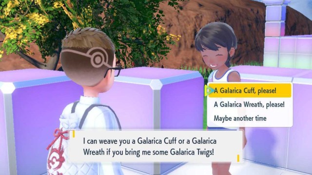 An NPC offering to weave a Galarica Cuff and Galarica Wreath in the Indigo Disk's Coastal Biome.