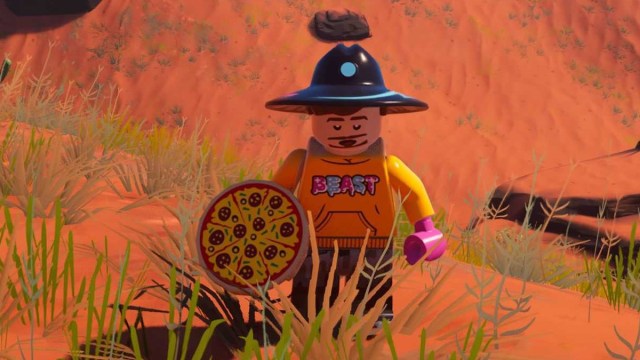 Mr. Beast LEGO Form in the Desert Biome of LEGO Fortnite