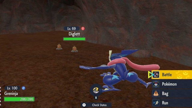 screenshot of a greninja facing off against an alolan diglett in the torchlit labyrinth in the indigo disk's coastal biome.