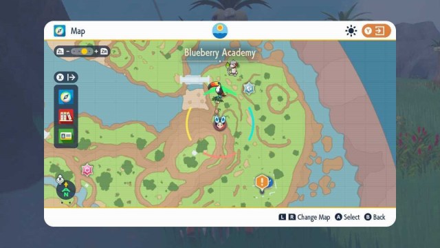 Screenshot of the indigo disk's Blueberry Academy map with a marker of the Torchlit Labyrinth in the Coastal Biome.