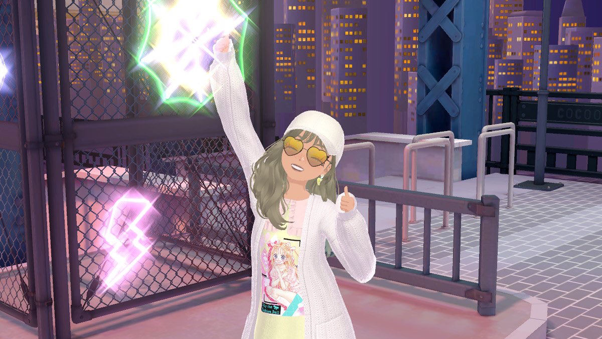 A Fashion Dreamer screenshot of a player muse in a joyful thumbs up pose.