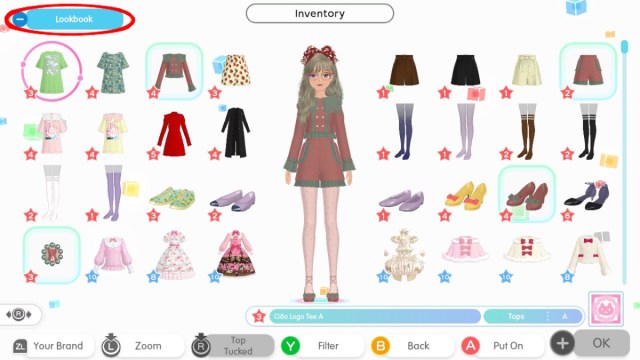 A Fashion Dreamer screenshot of the outfit editing screen with the Lookbook menu icon in the upper left corner circled in red.